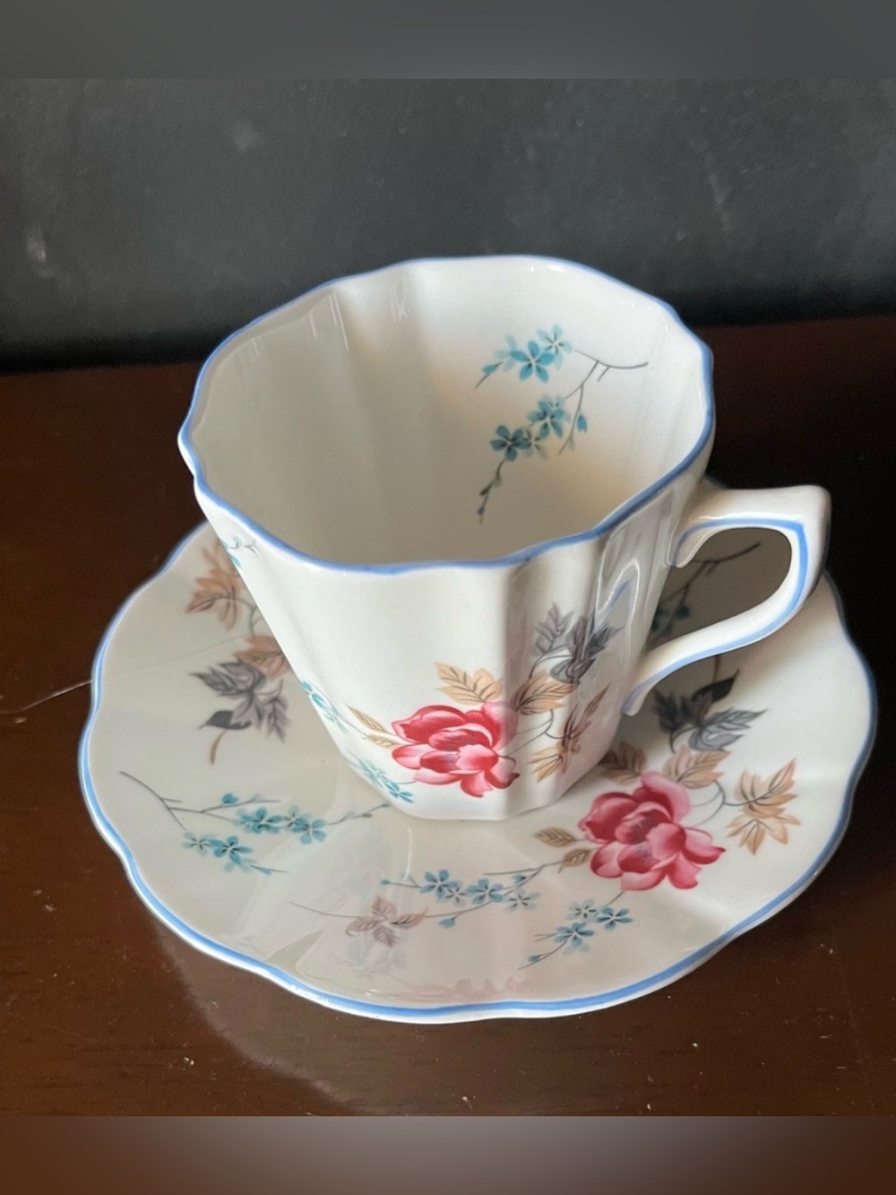 Rosina vintage Floral Porcelain Teacup and Saucer Set in White with Pink Roses